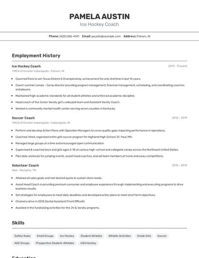 Ice Hockey Coach Resume