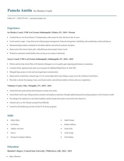 Ice Hockey Coach Resume