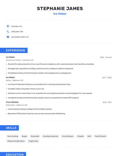 Ice Maker Resume