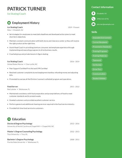 Ice Skating Coach Resume