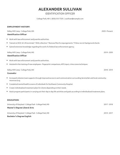 Identification Officer Resume