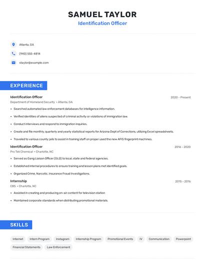 Identification Officer Resume