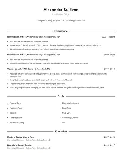 Identification Officer Resume