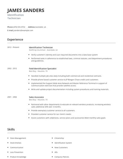 Identification Technician Resume