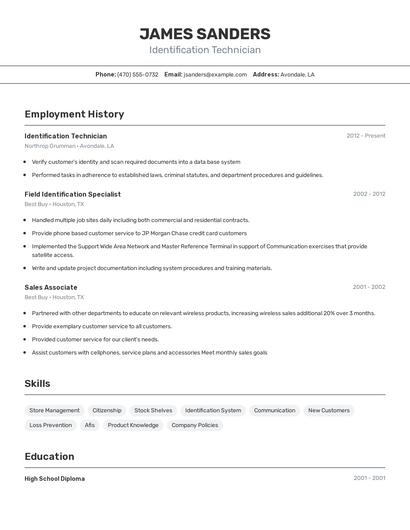 Identification Technician Resume