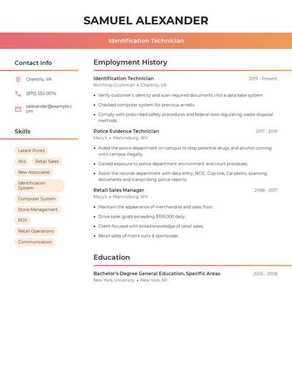 Identification Technician Resume