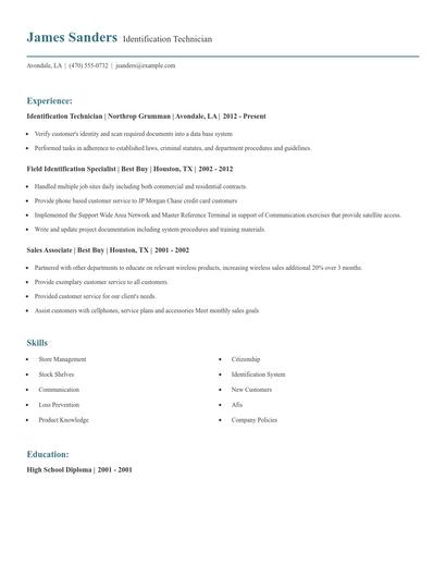 Identification Technician Resume