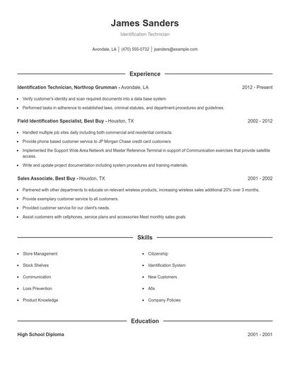 Identification Technician Resume