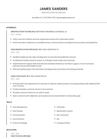 Identification Technician Resume