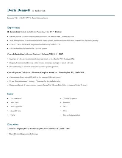 IE Technician Resume