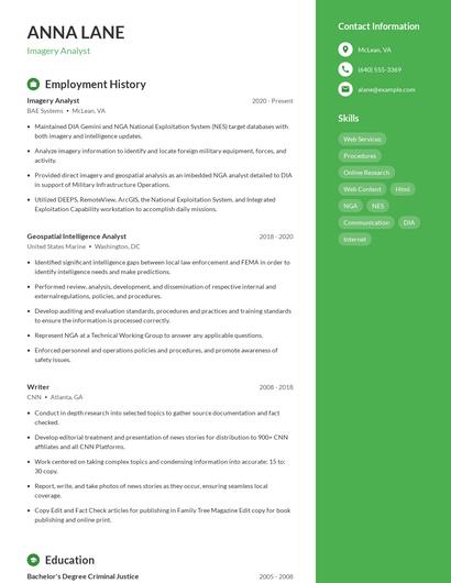 Imagery Analyst Resume