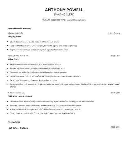 Imaging Clerk Resume