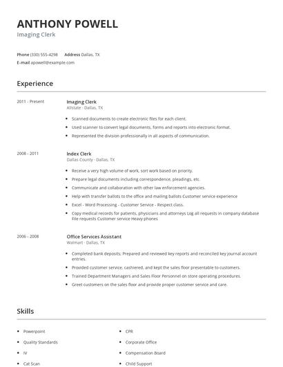 Imaging Clerk Resume