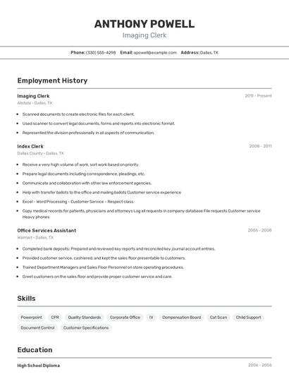 Imaging Clerk Resume