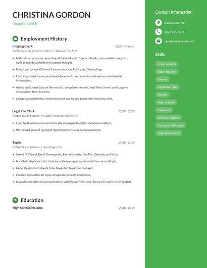 Imaging Clerk Resume