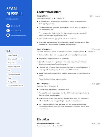 Imaging Clerk Resume