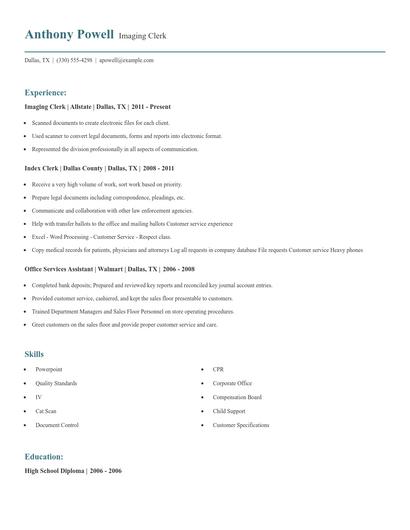 Imaging Clerk Resume