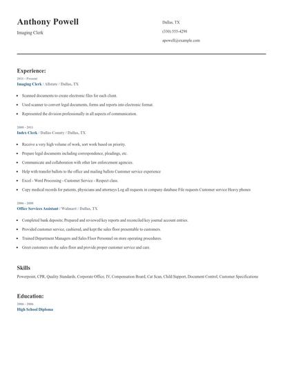 Imaging Clerk Resume