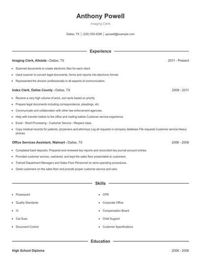 Imaging Clerk Resume