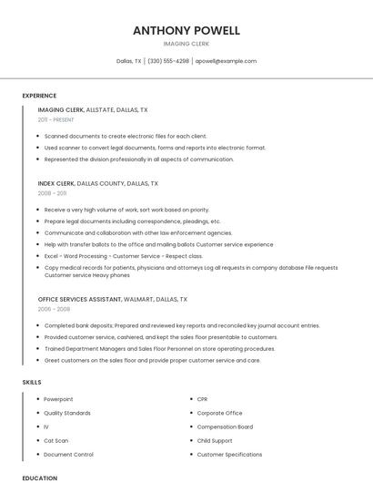 Imaging Clerk Resume