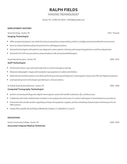 Imaging Technologist Resume