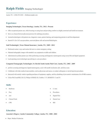 Imaging Technologist Resume