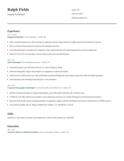 Imaging Technologist Resume