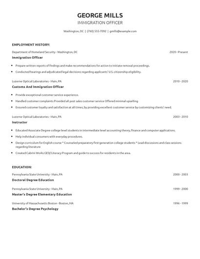 Immigration Officer Resume