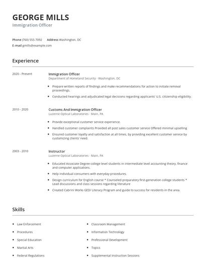 Immigration Officer Resume