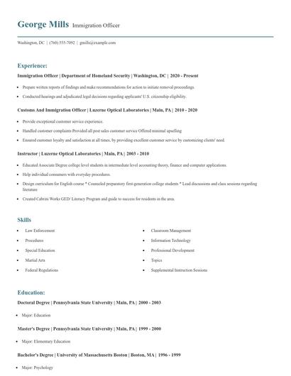 Immigration Officer Resume