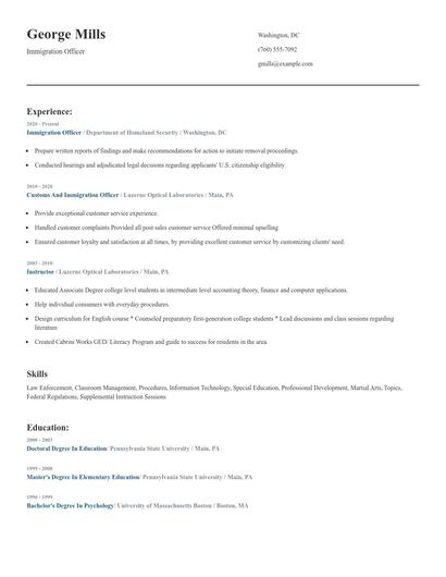 Immigration Officer Resume