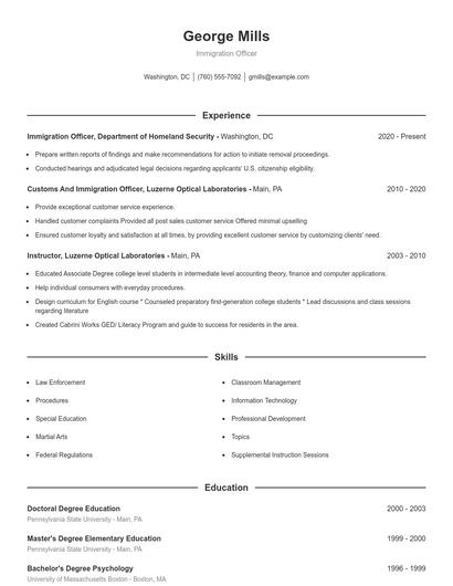 Immigration Officer Resume