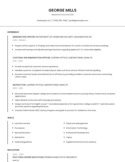 Immigration Officer Resume