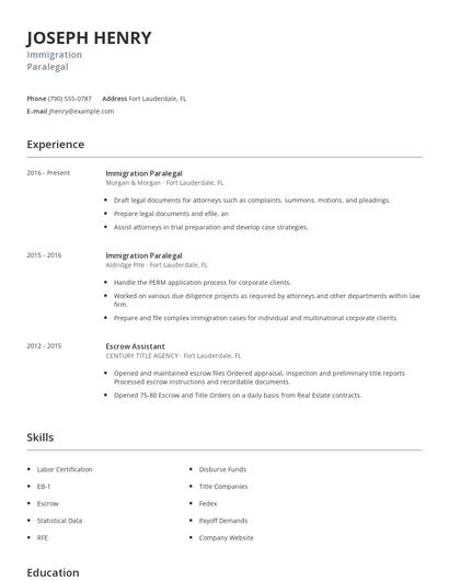 Immigration Paralegal Resume