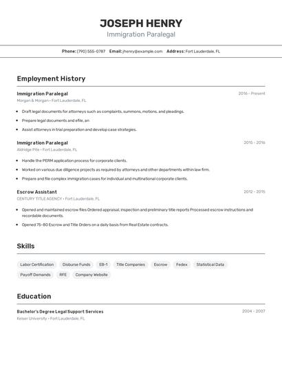 Immigration Paralegal Resume