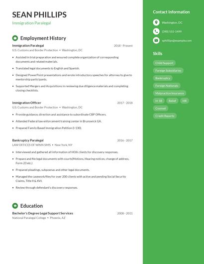 Immigration Paralegal Resume