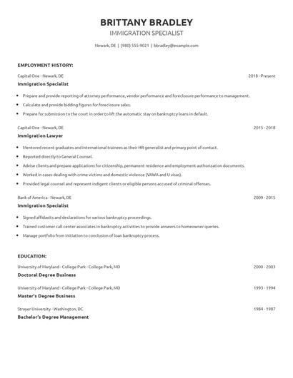 Immigration Specialist Resume