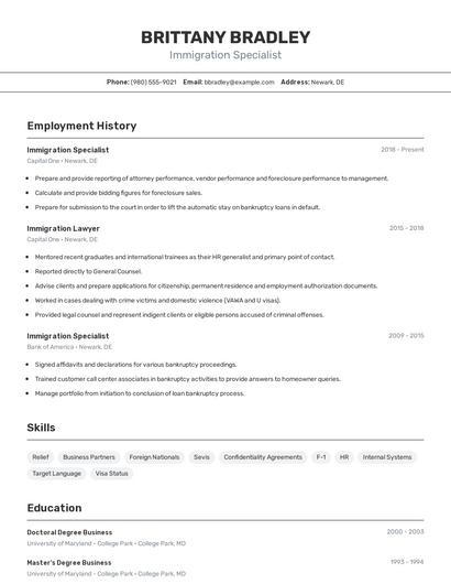Immigration Specialist Resume
