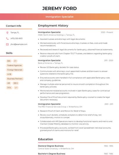 Immigration Specialist Resume