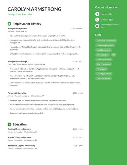 Immigration Specialist Resume