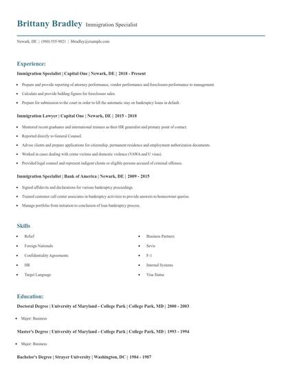 Immigration Specialist Resume