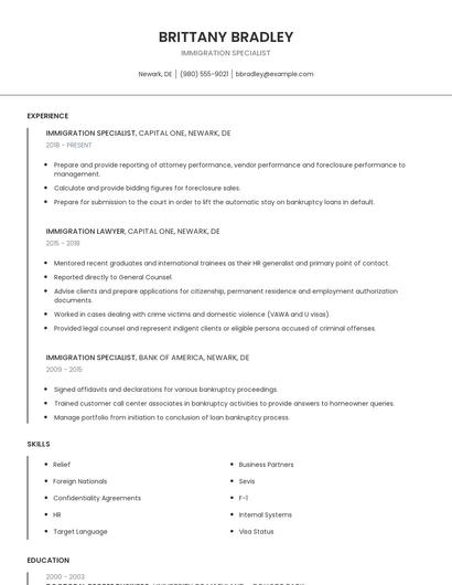 Immigration Specialist Resume