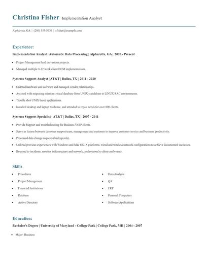 Implementation Analyst Resume