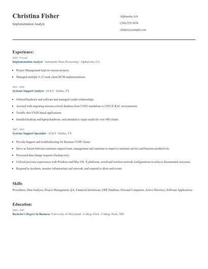 Implementation Analyst Resume
