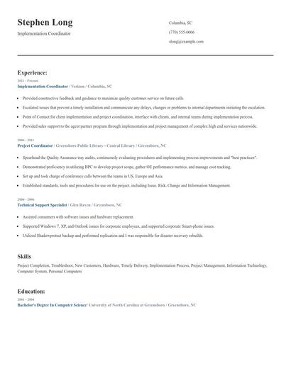 Implementation Coordinator Resume