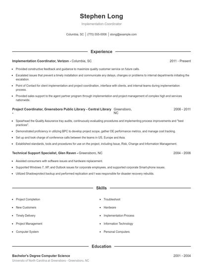 Implementation Coordinator Resume