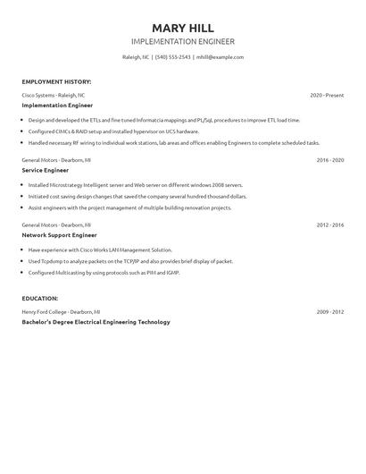 Implementation Engineer Resume