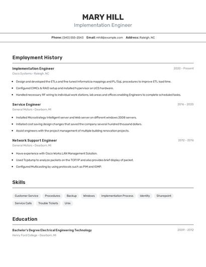 Implementation Engineer Resume