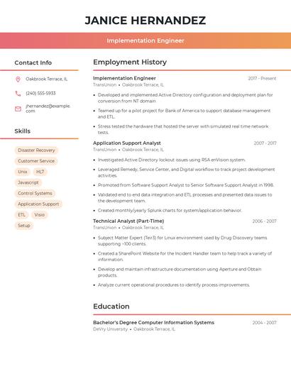 Implementation Engineer Resume