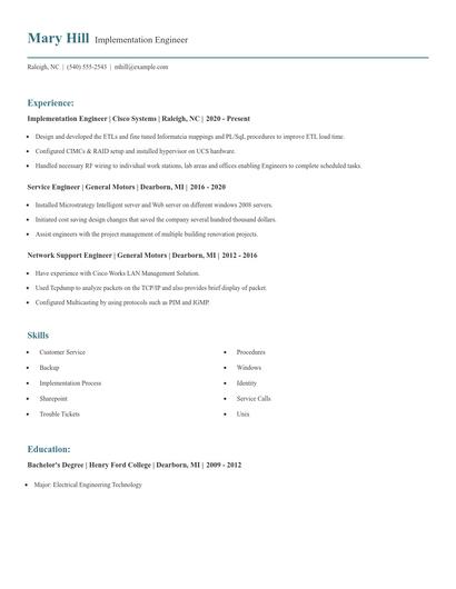 Implementation Engineer Resume